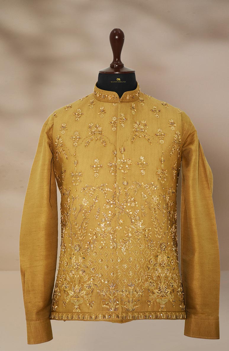 Rust Gold Hand-Embellished Brocade Waistcoat Kurta (3-Piece) - Image 11