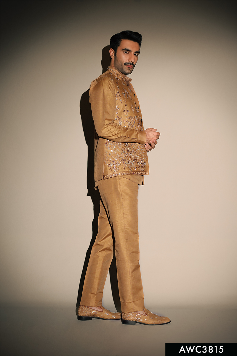 Rust Gold Hand-Embellished Brocade Waistcoat Kurta (3-Piece) - Image 2
