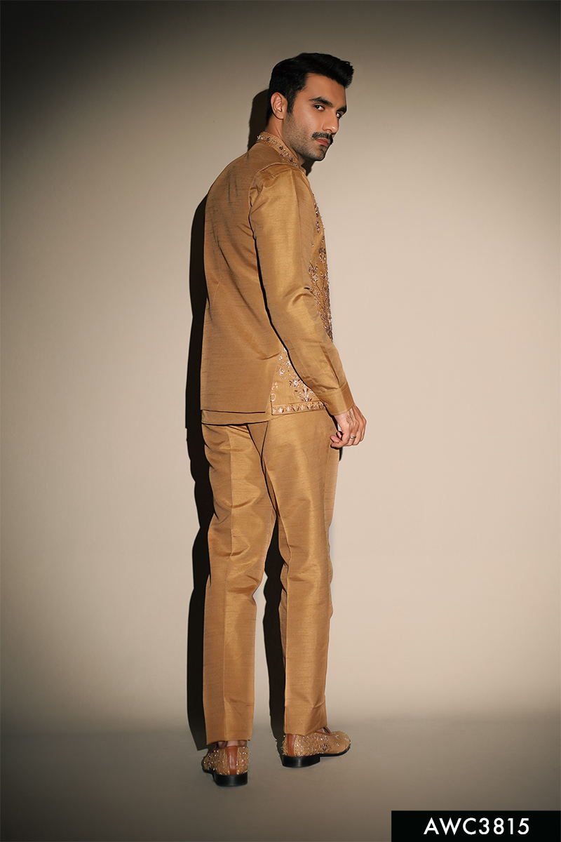 Rust Gold Hand-Embellished Brocade Waistcoat Kurta (3-Piece) - Image 3