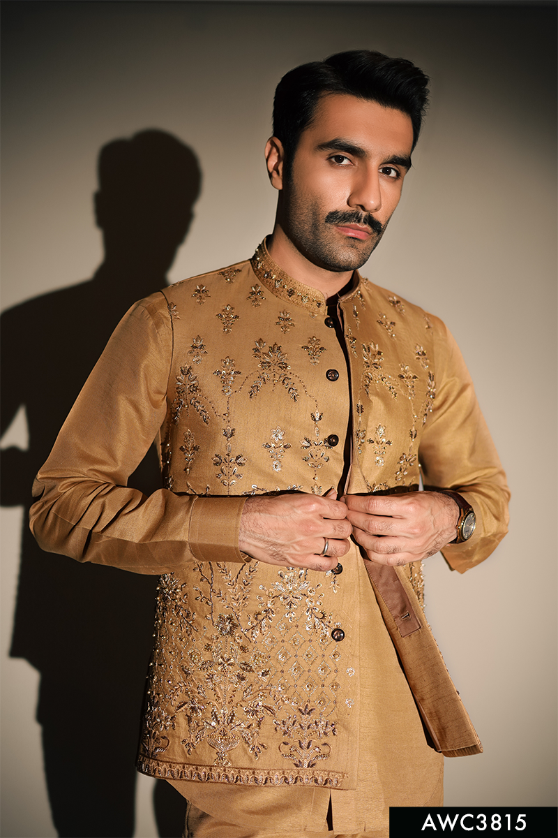 Rust Gold Hand-Embellished Brocade Waistcoat Kurta (3-Piece) - Image 4