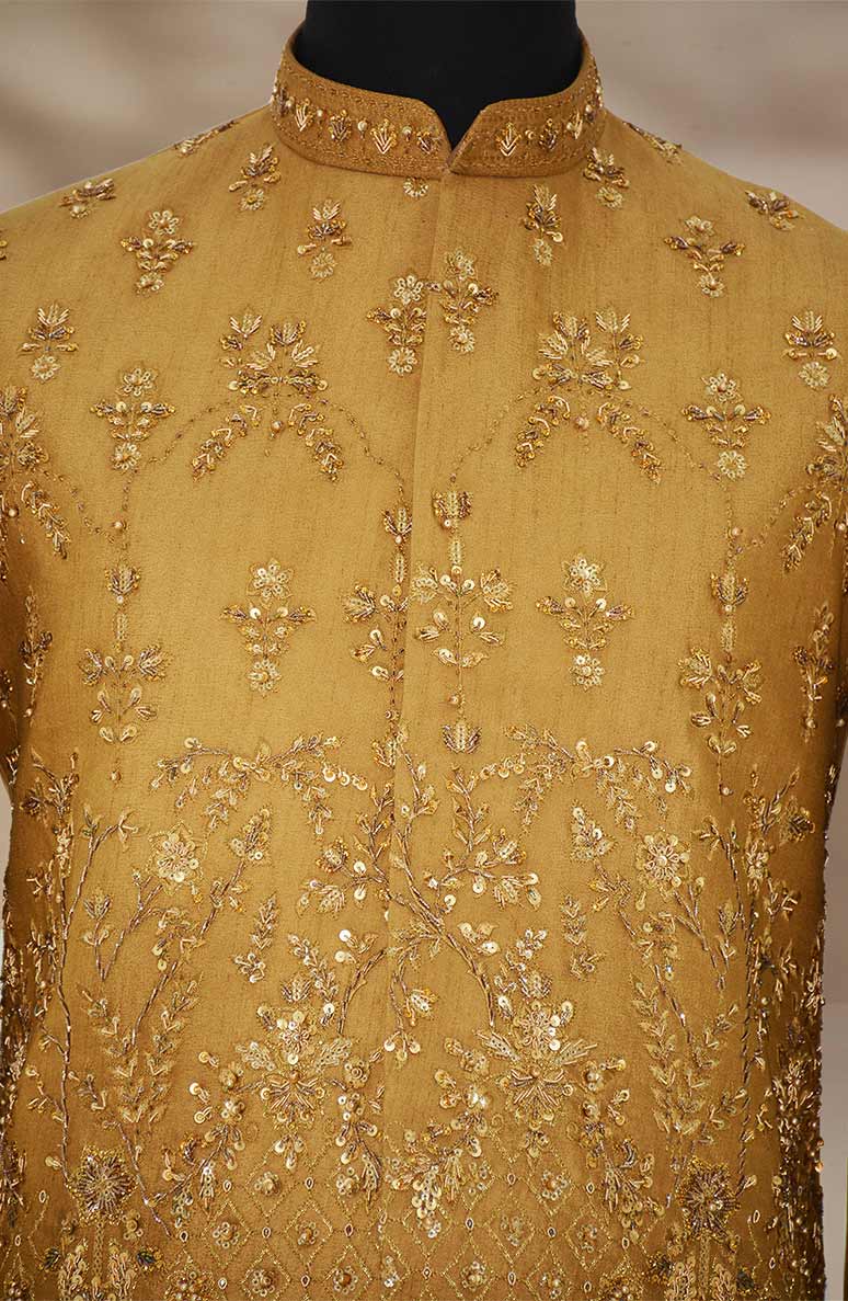 Rust Gold Hand-Embellished Brocade Waistcoat Kurta (3-Piece) - Image 6