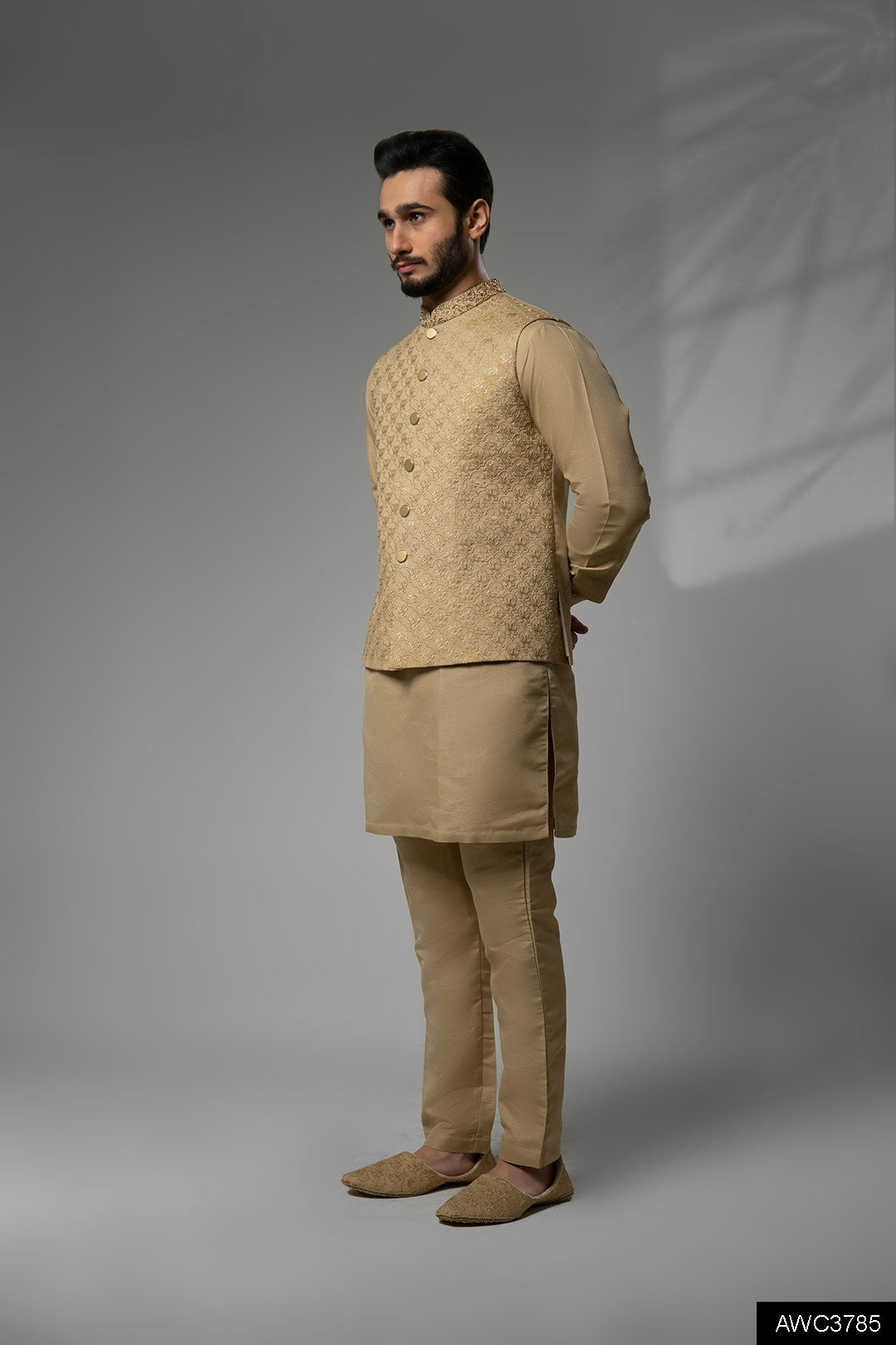 Light Gold Embroidered Brocade Waistcoat Kurta Set (3-Piece) - Image 1