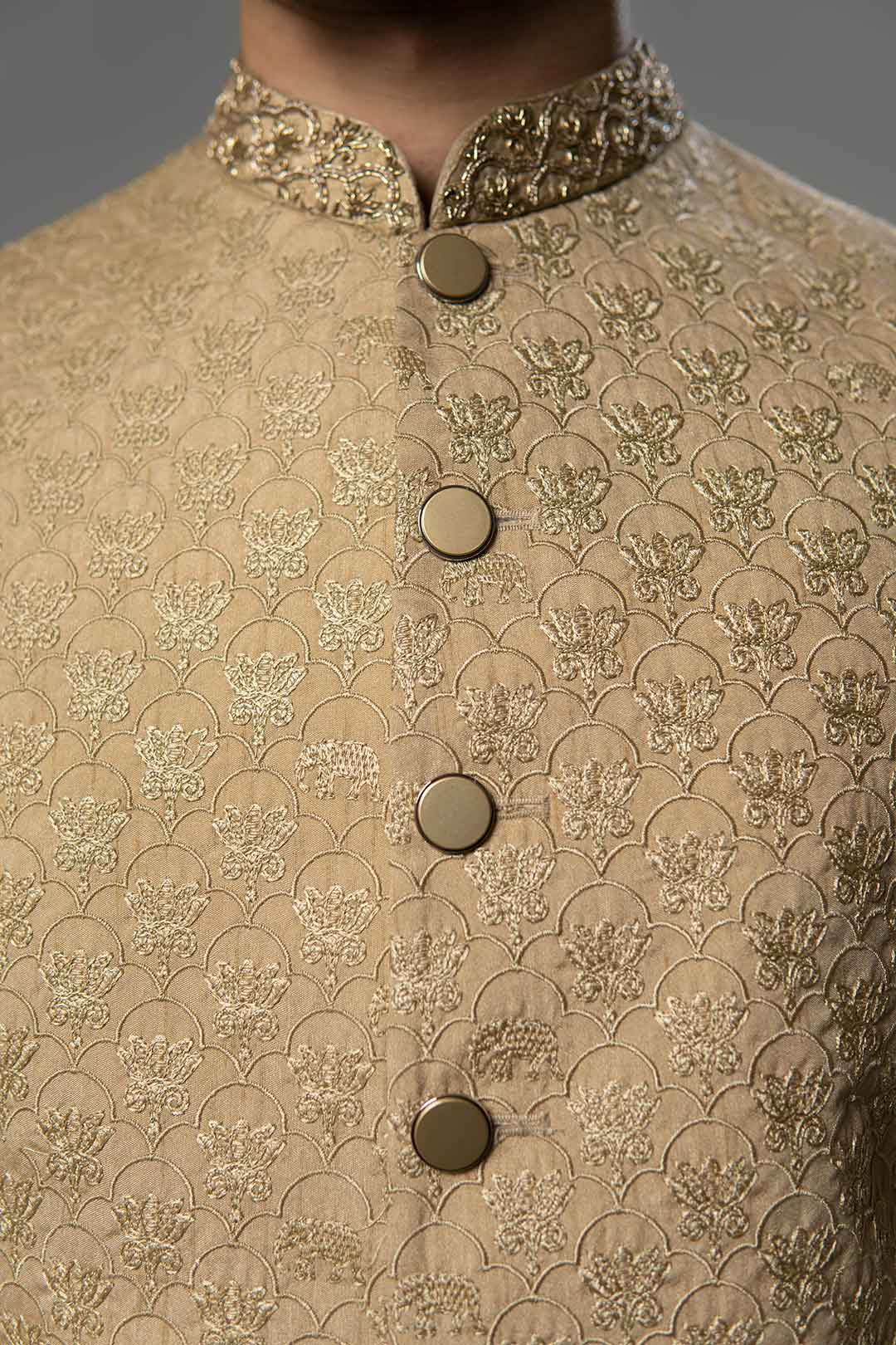 Light Gold Embroidered Brocade Waistcoat Kurta Set (3-Piece) - Image 2