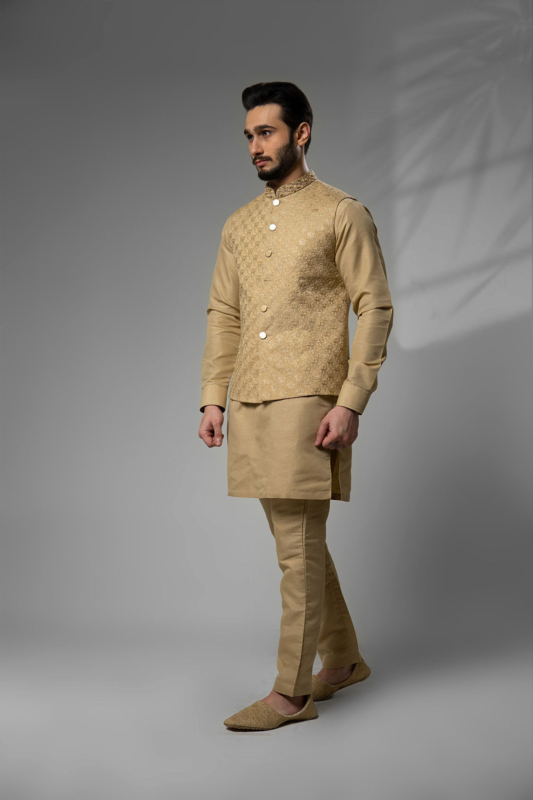 Light Gold Embroidered Brocade Waistcoat Kurta Set (3-Piece) - Image 3