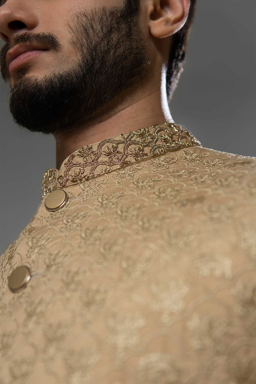 Light Gold Embroidered Brocade Waistcoat Kurta Set (3-Piece) - Image 4