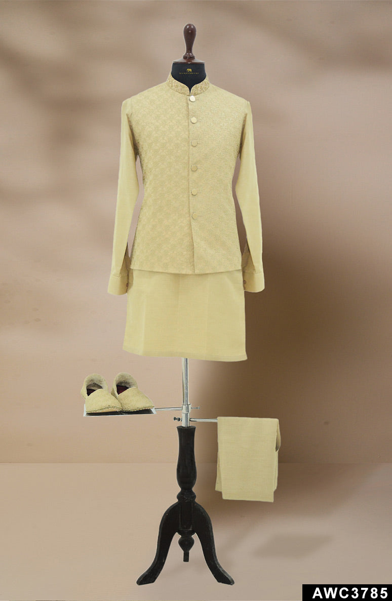 Light Gold Embroidered Brocade Waistcoat Kurta Set (3-Piece) - Image 6