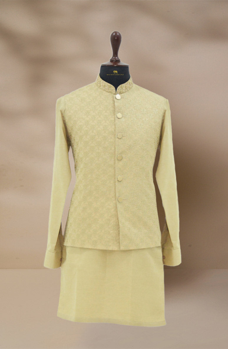 Light Gold Embroidered Brocade Waistcoat Kurta Set (3-Piece) - Image 7