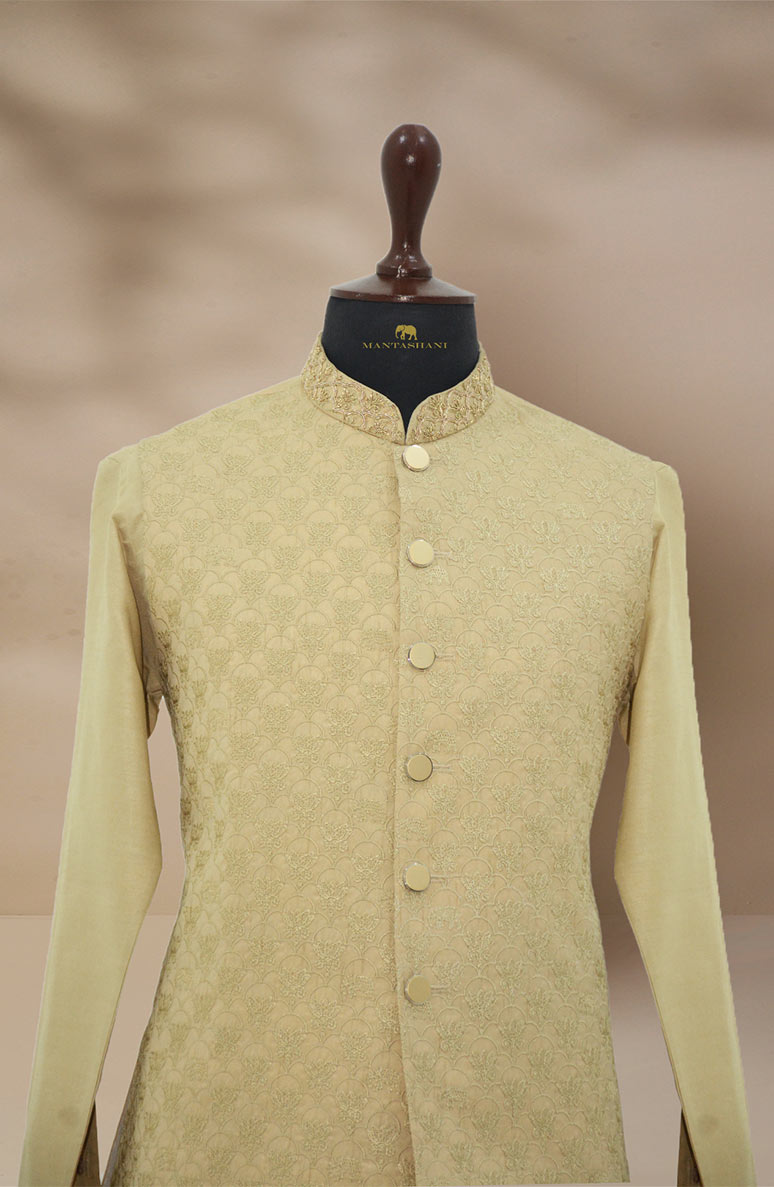 Light Gold Embroidered Brocade Waistcoat Kurta Set (3-Piece) - Image 8