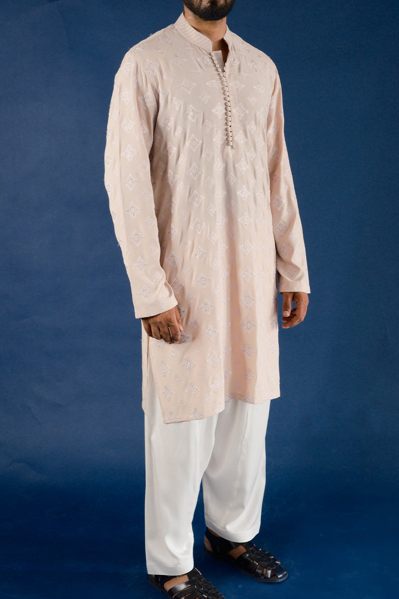 Rose-Gold Embroidered Cotton Silk Waistcoat Kurta (3-Piece) - Image 3