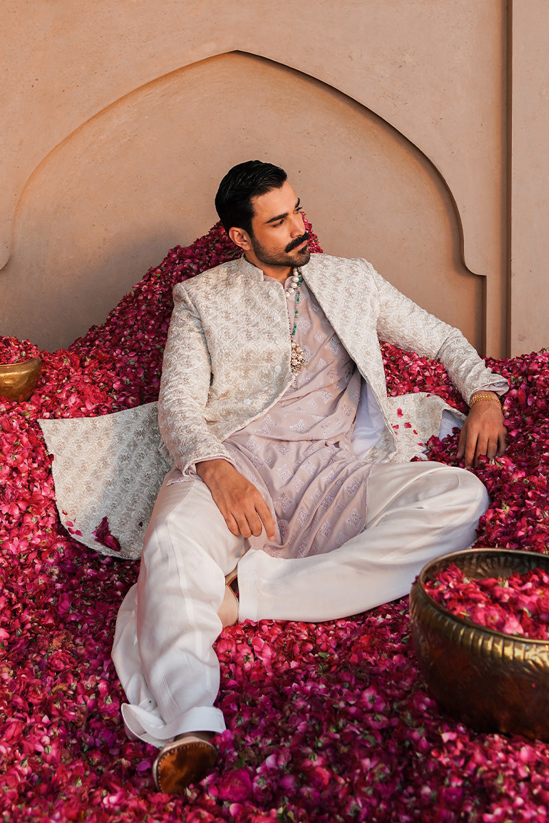 Rose-Gold Embroidered Cotton Silk Waistcoat Kurta (3-Piece) - Image 1