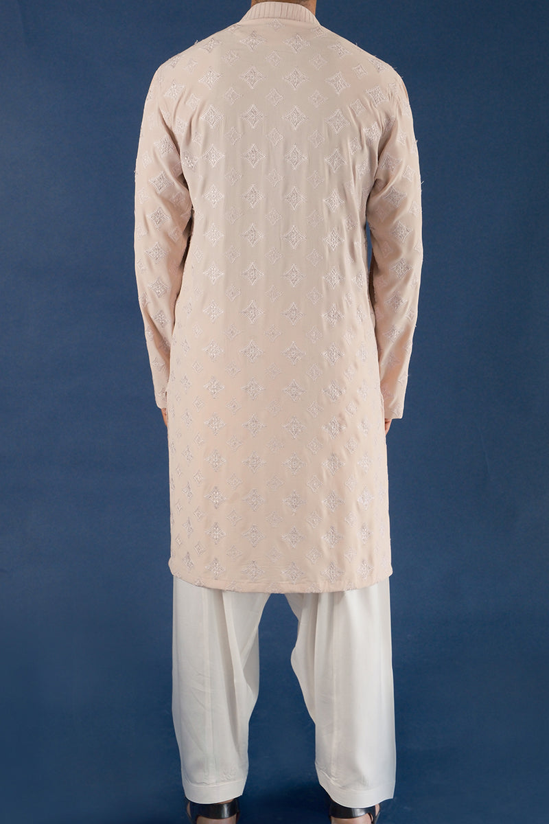 Rose-Gold Embroidered Cotton Silk Waistcoat Kurta (3-Piece) - Image 9