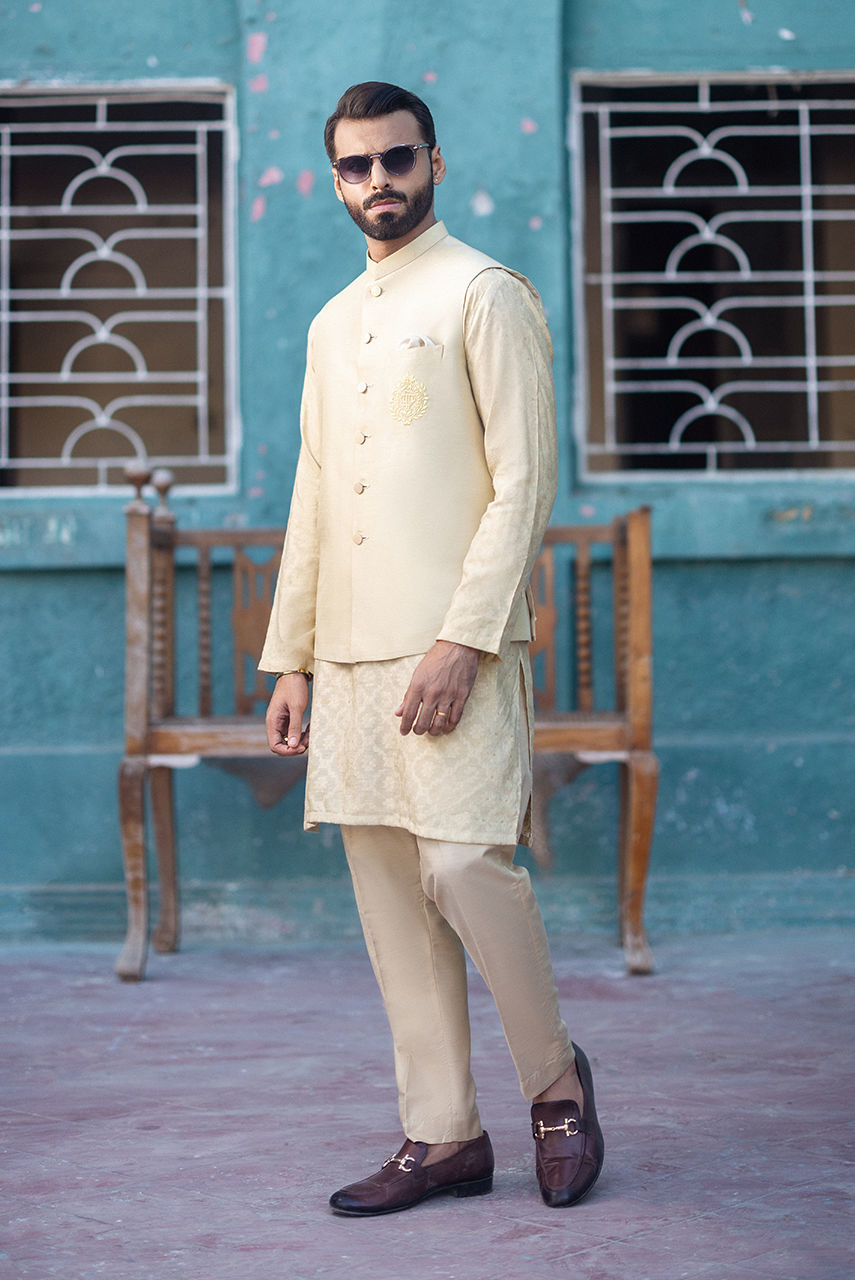 Light Gold Jacquard Waistcoat Kurta Set (3-Piece) - Image 3