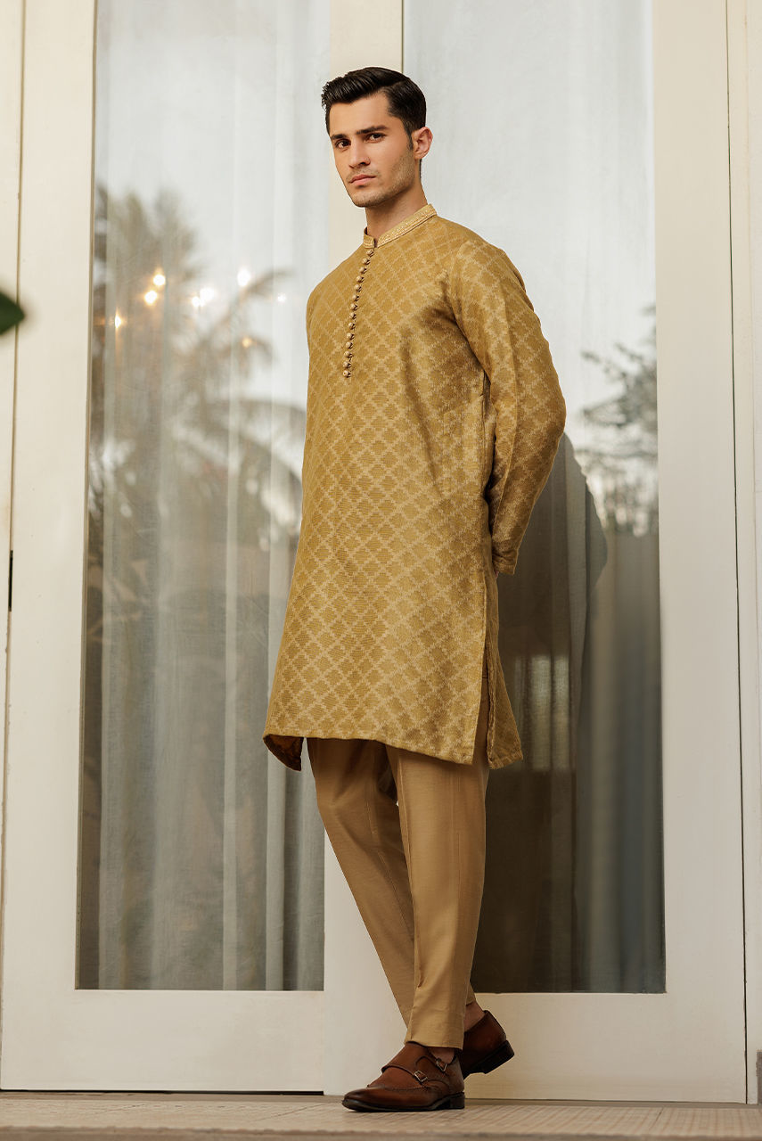 Gold Jacquard Kurta with Wooden Loop Buttons (3-Piece) - Image 3