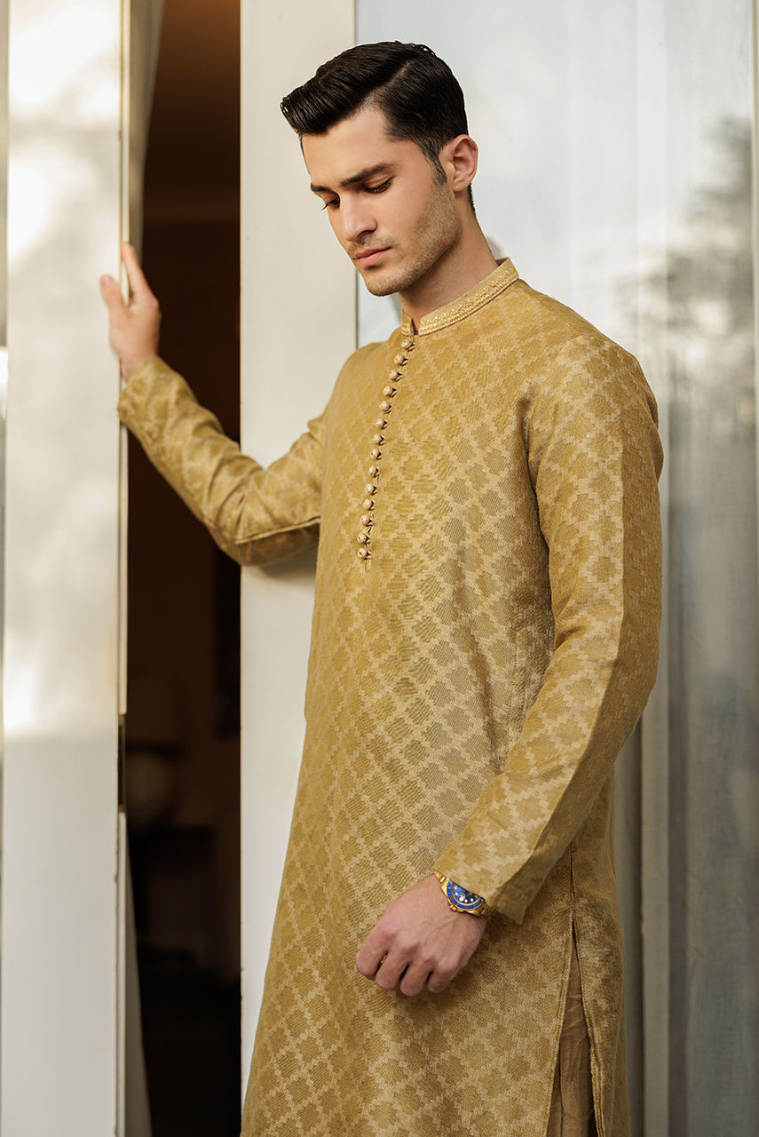 Gold Jacquard Kurta with Wooden Loop Buttons (3-Piece) - Image 4