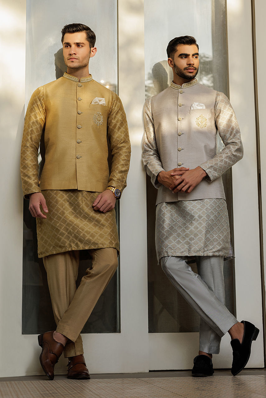 Gold Jacquard Kurta with Wooden Loop Buttons (3-Piece) - Image 6