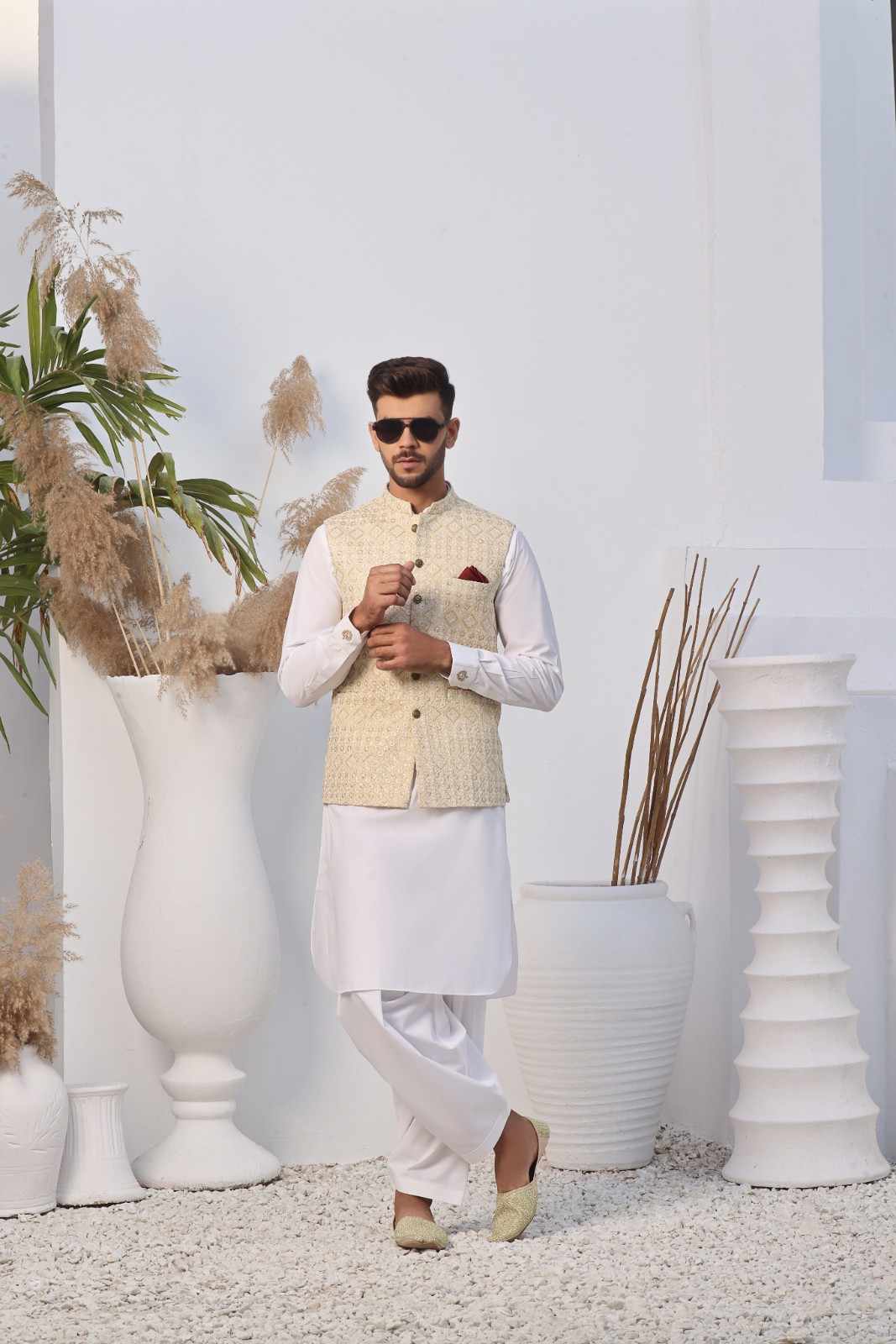 Dull Gold Jacquard Waistcoat Kurta Set (3-Piece) - Image 1