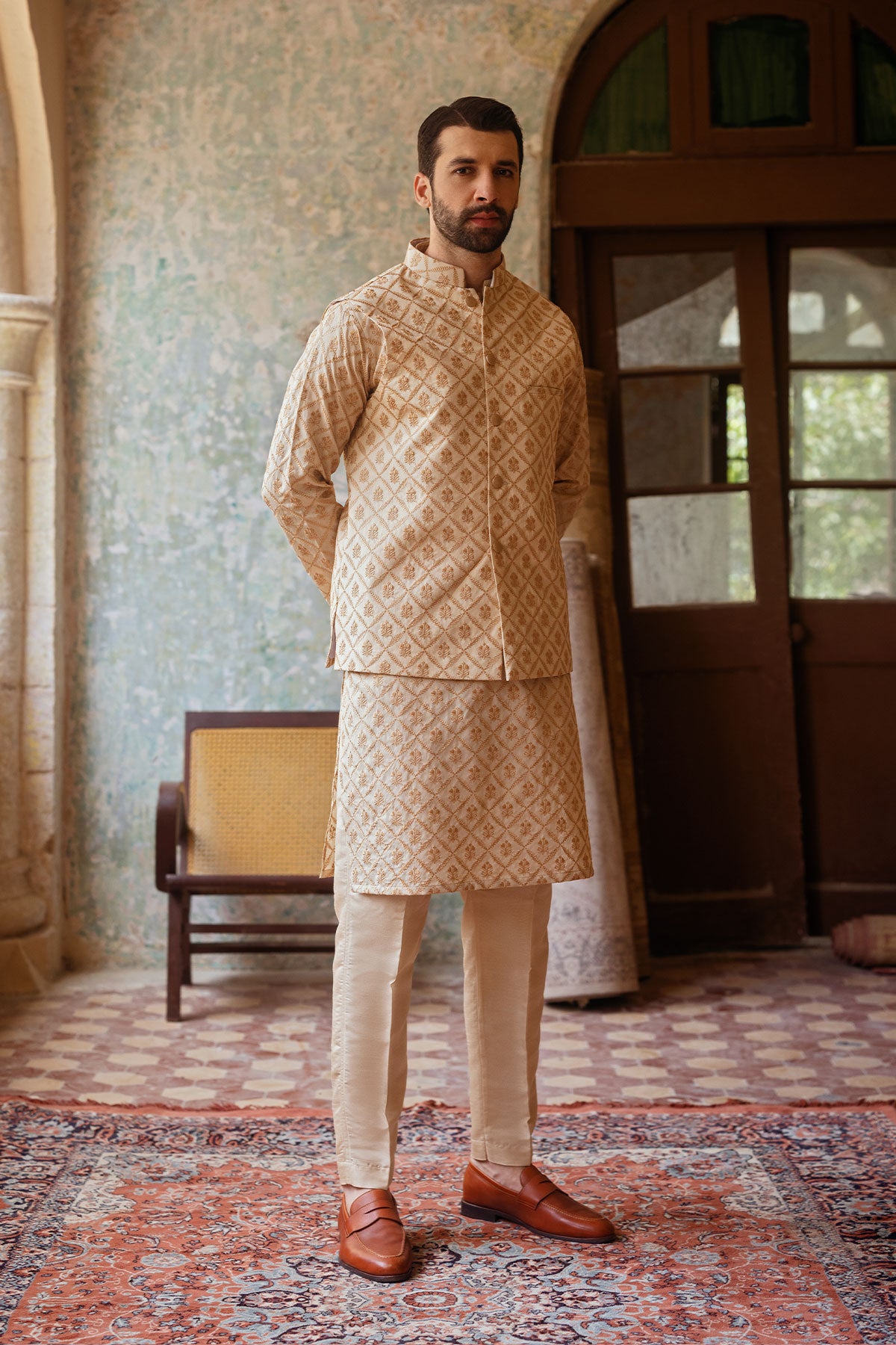 Golden Embroidered Masoori Waistcoat Kurta Set (3-Piece) - Image 1