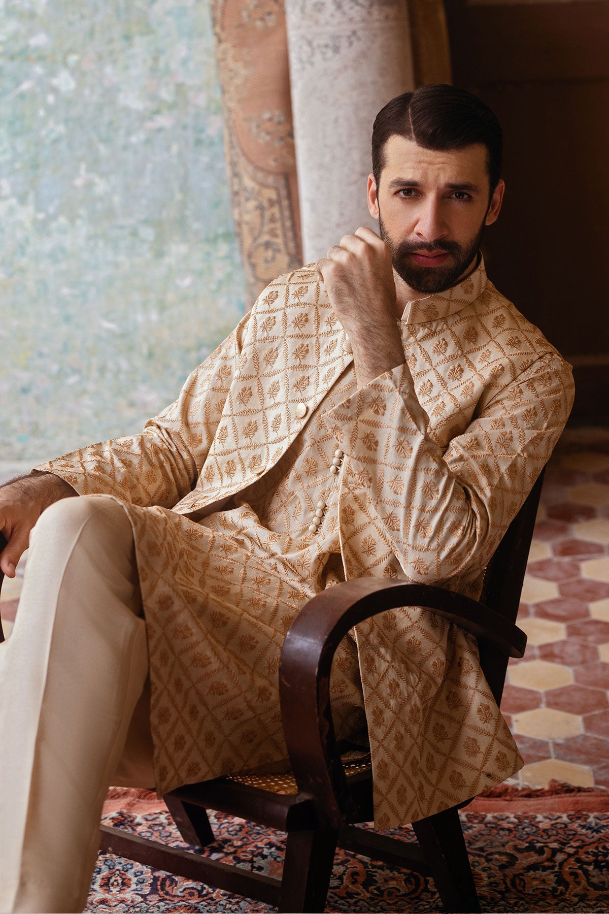 Golden Embroidered Masoori Waistcoat Kurta Set (3-Piece) - Image 2