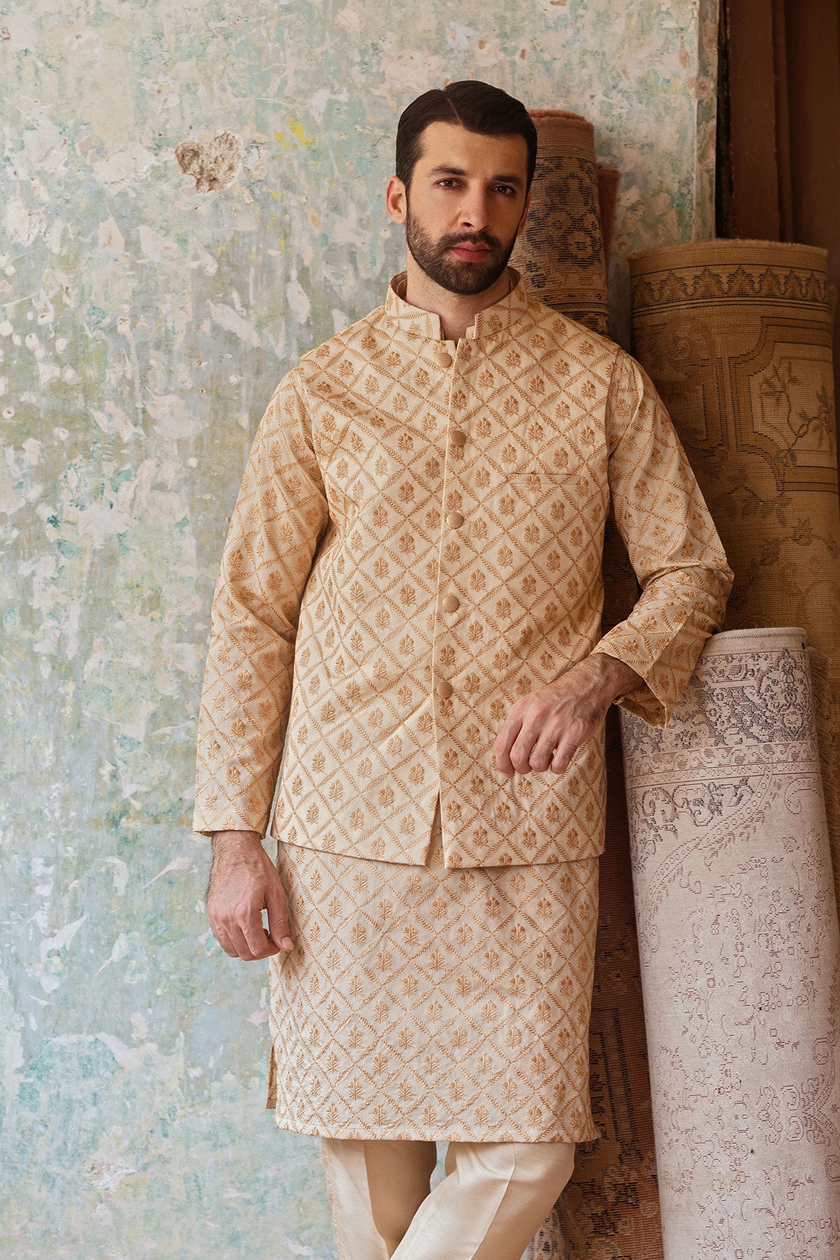 Golden Embroidered Masoori Waistcoat Kurta Set (3-Piece) - Image 3