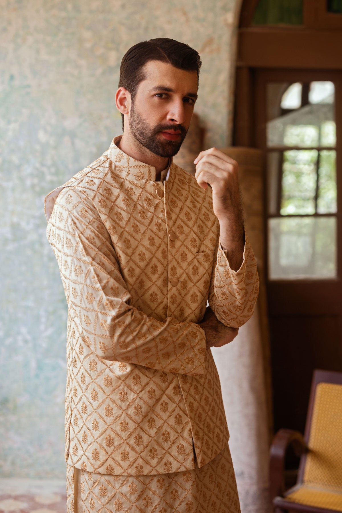 Golden Embroidered Masoori Waistcoat Kurta Set (3-Piece) - Image 4