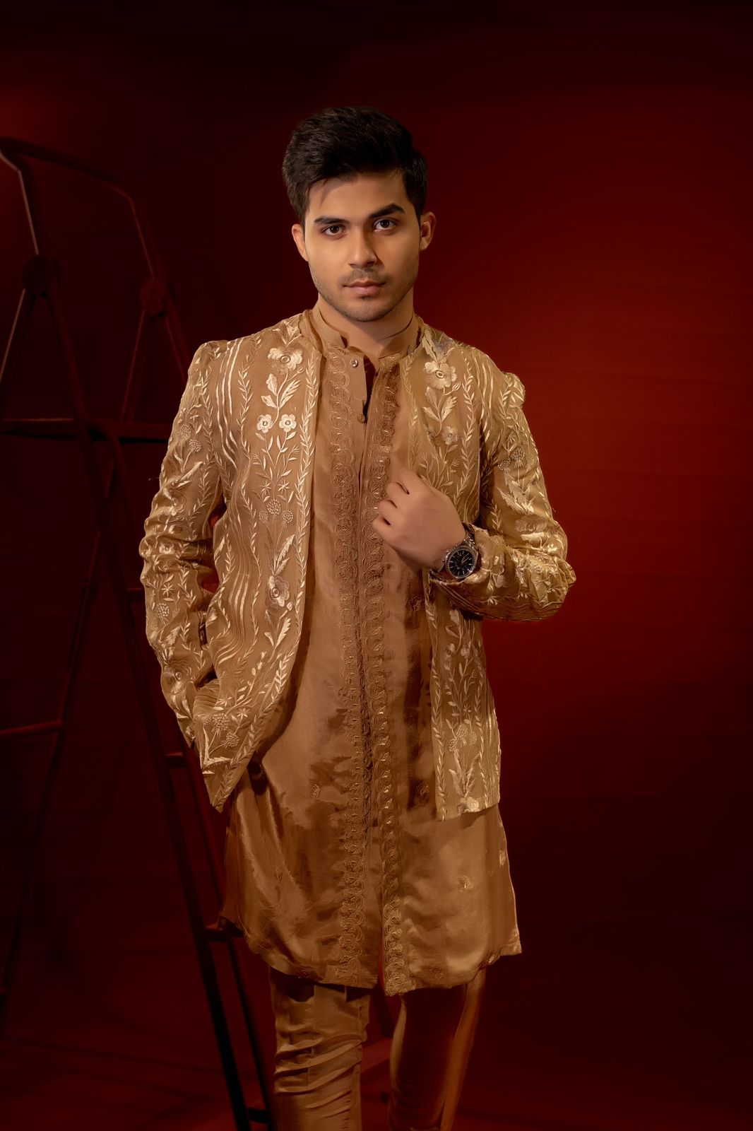Golden Brown Embroidered Organza Kurta Pajama (3-Piece) - Image 1