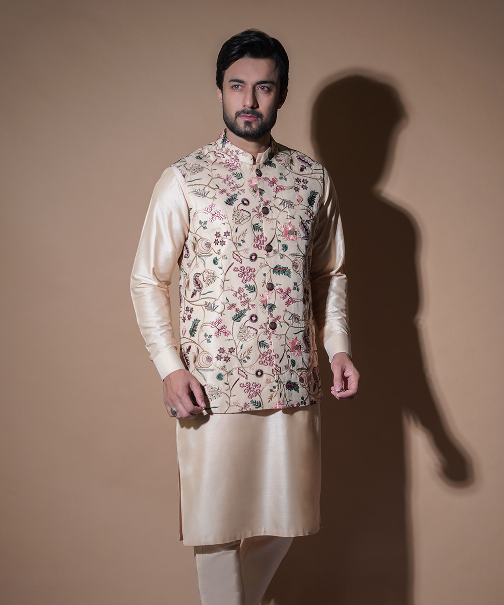 Light Gold Embroidered Raw Silk Waistcoat (3-Piece) - Image 1