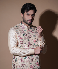 Light Gold Embroidered Raw Silk Waistcoat (3-Piece) - Image 3