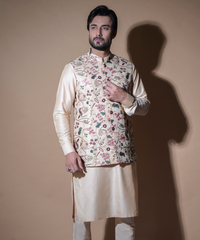 Light Gold Embroidered Raw Silk Waistcoat (3-Piece) - Image 4