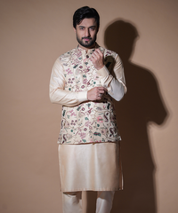 Light Gold Embroidered Raw Silk Waistcoat (3-Piece) - Image 5