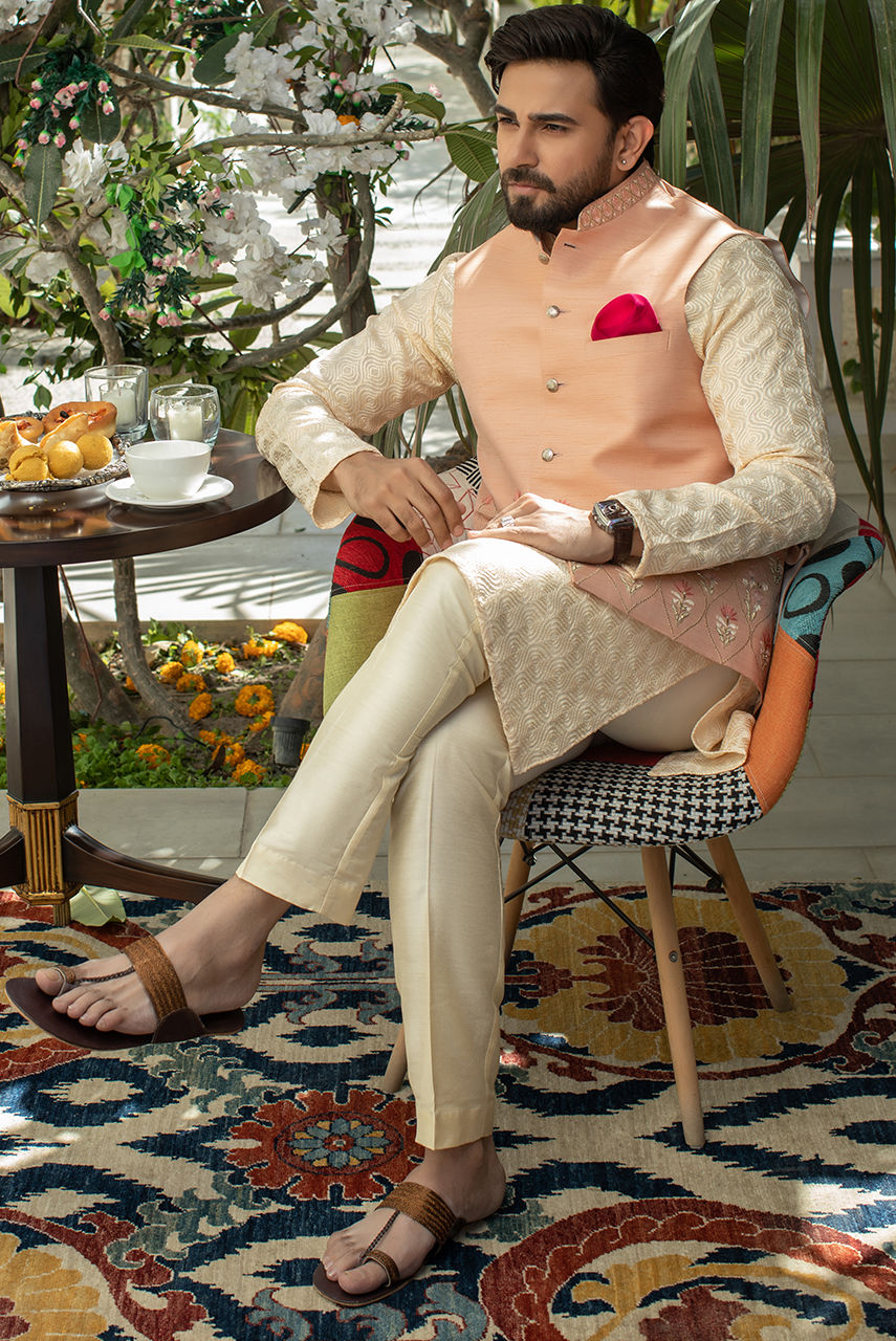 Gold Embroidered Raw Silk Waistcoat Kurta Pajama (3-Piece) - Image 3