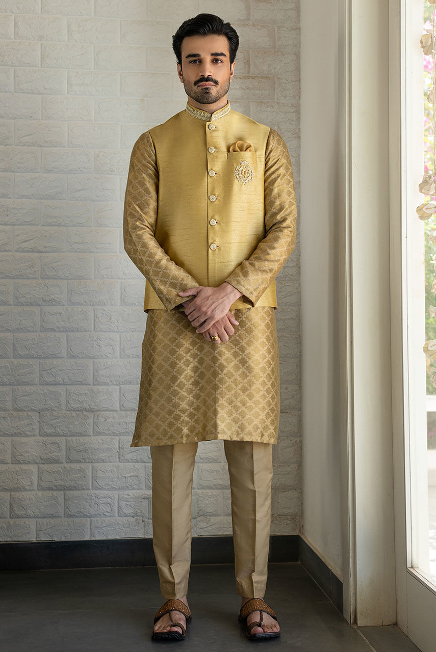 Gold Hand-Embroidered Raw Silk Waistcoat Kurta (3-Piece) - Image 1