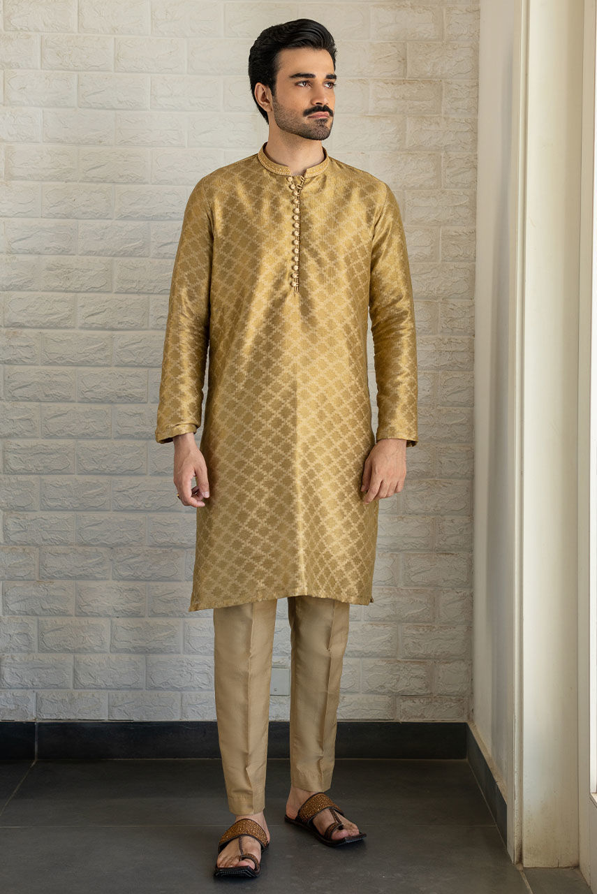 Gold Hand-Embroidered Raw Silk Waistcoat Kurta (3-Piece) - Image 4