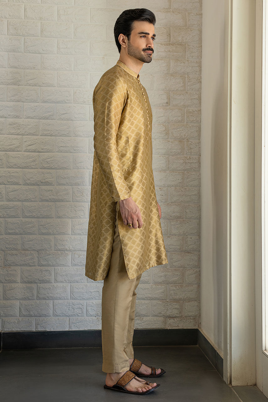 Gold Hand-Embroidered Raw Silk Waistcoat Kurta (3-Piece) - Image 6