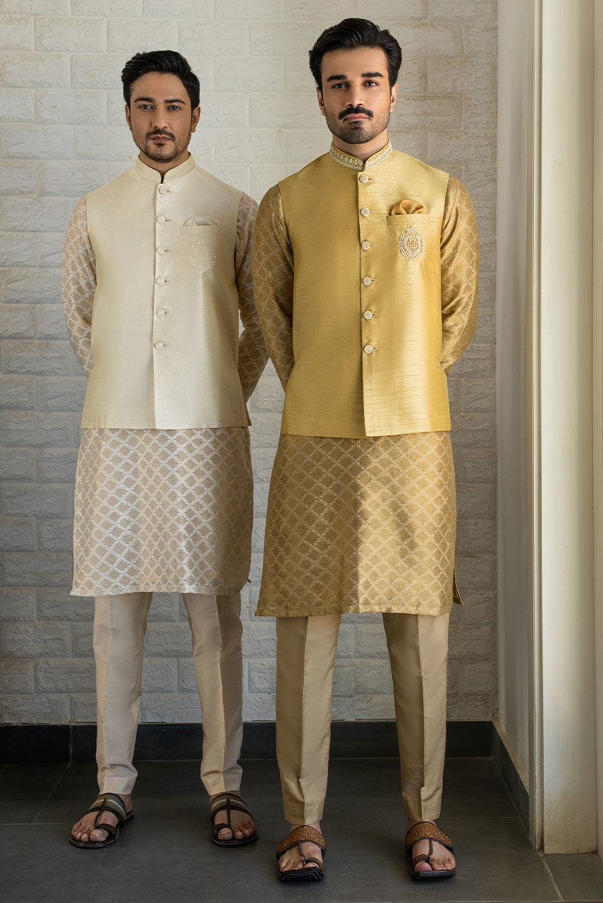 Gold Hand-Embroidered Raw Silk Waistcoat Kurta (3-Piece) - Image 7