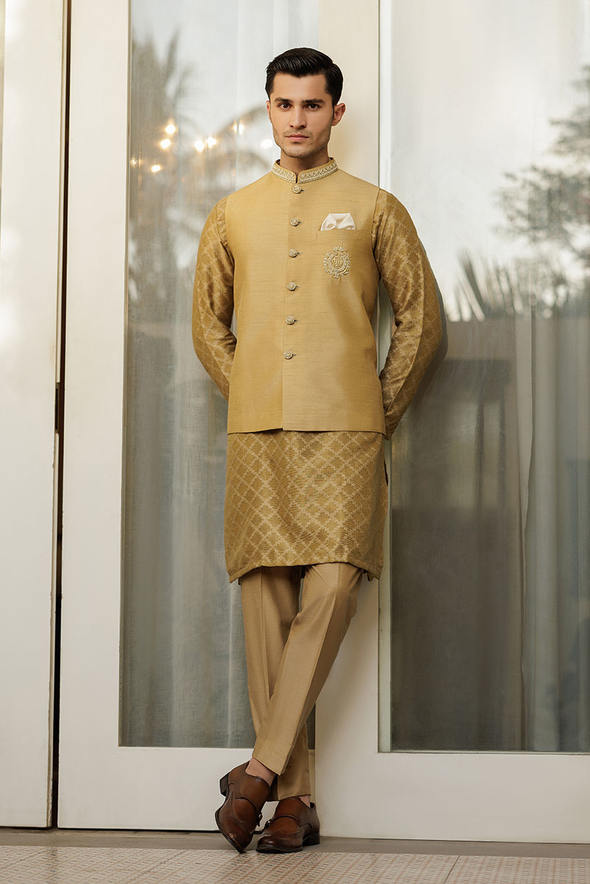 Gold Hand Embroidered Raw Silk Waistcoat Kurta (3-Piece) - Image 1
