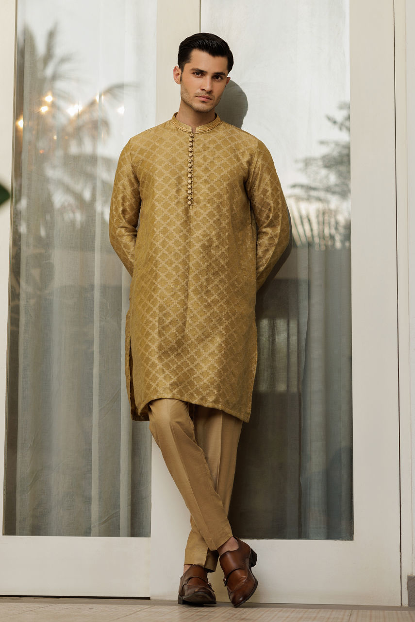 Gold Hand Embroidered Raw Silk Waistcoat Kurta (3-Piece) - Image 3