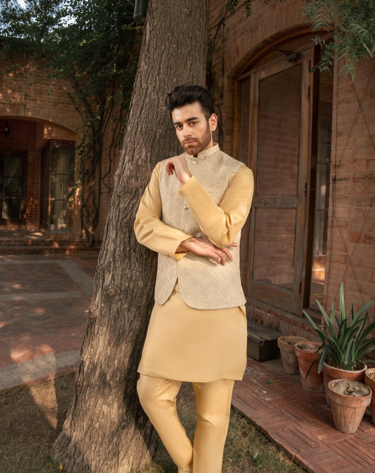 Gold Embroidered Raw Silk Waistcoat Kurta (3-Piece) - Image 1