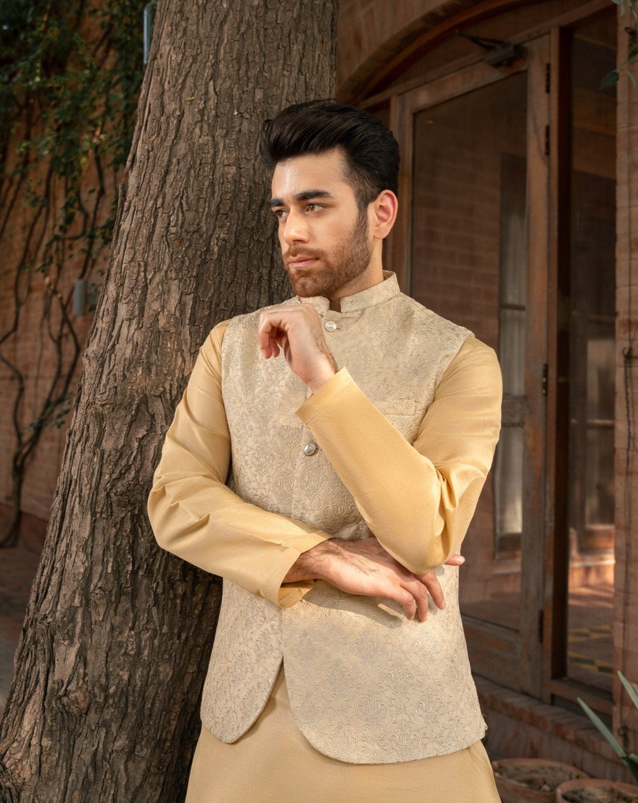 Gold Embroidered Raw Silk Waistcoat Kurta (3-Piece) - Image 2