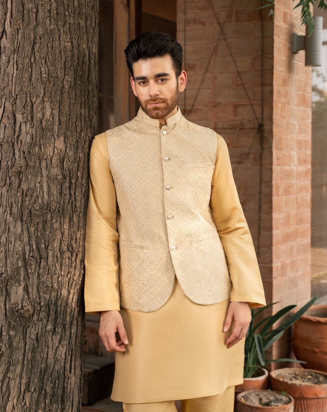 Gold Embroidered Raw Silk Waistcoat Kurta (3-Piece) - Image 3