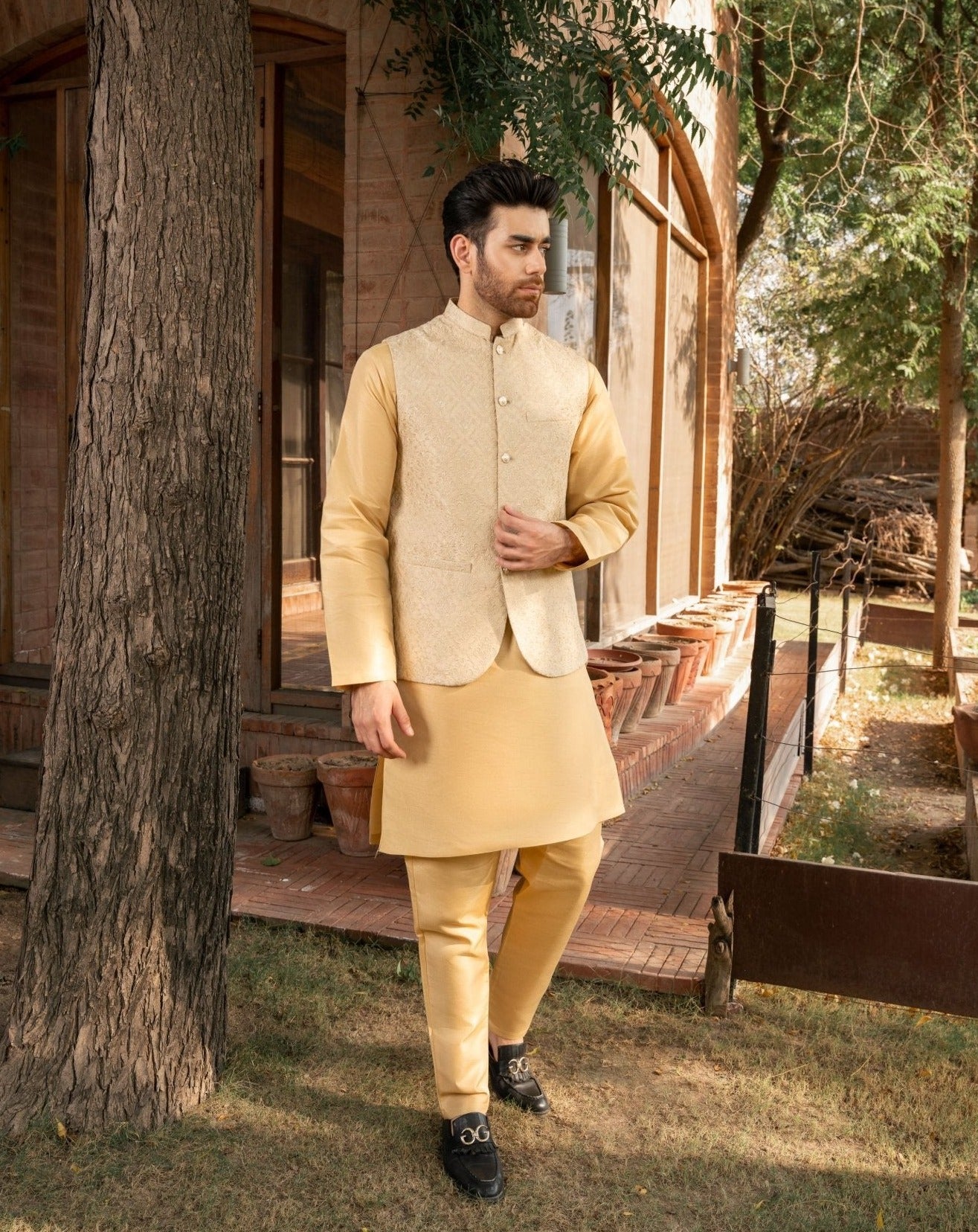 Gold Embroidered Raw Silk Waistcoat Kurta (3-Piece) - Image 4