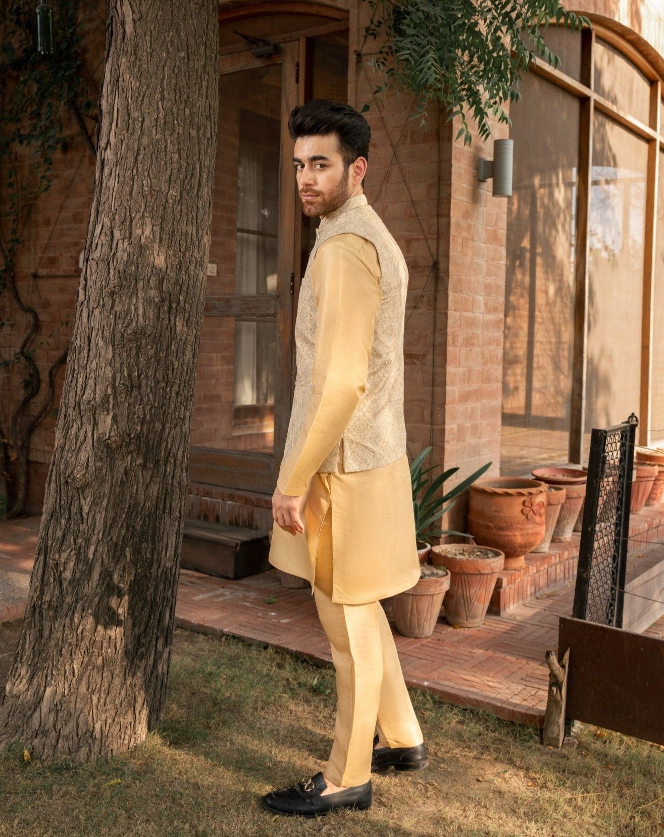 Gold Embroidered Raw Silk Waistcoat Kurta (3-Piece) - Image 5
