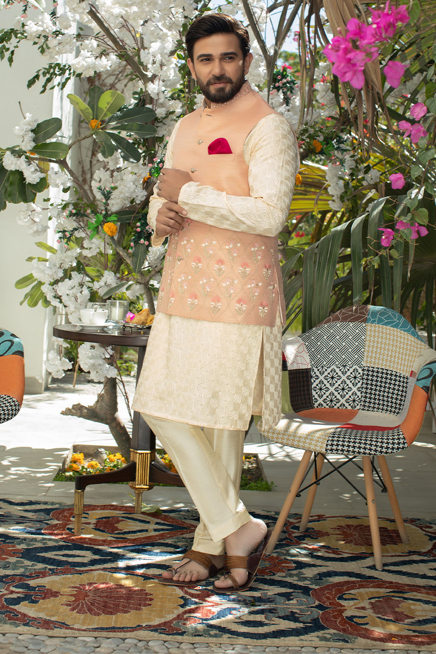 Gold Embroidered Raw Silk Waistcoat Kurta Pajama (3-Piece) - Image 1