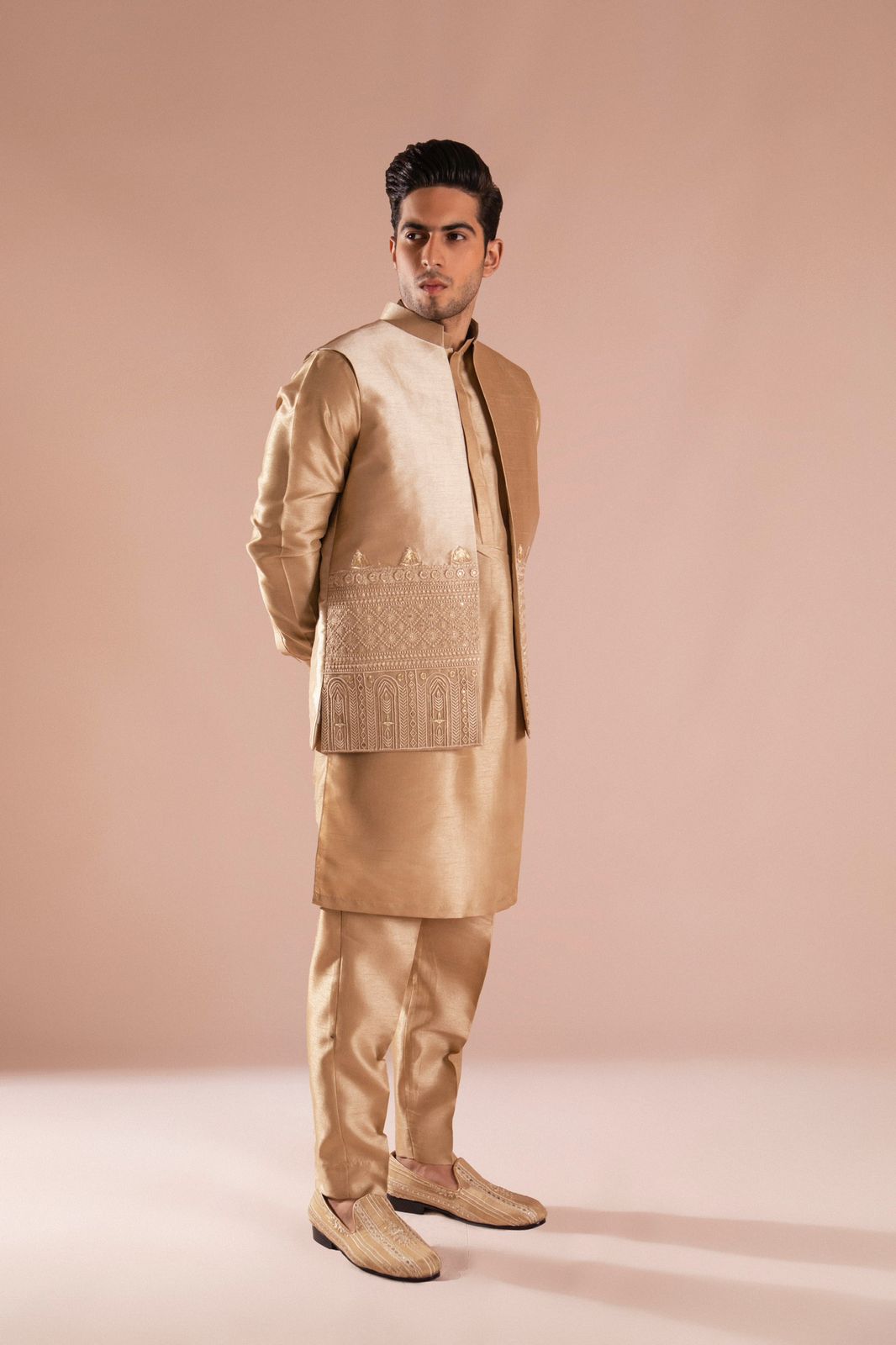Gold Embroidered Raw Silk Waistcoat Kurta (3-Piece) - Image 1
