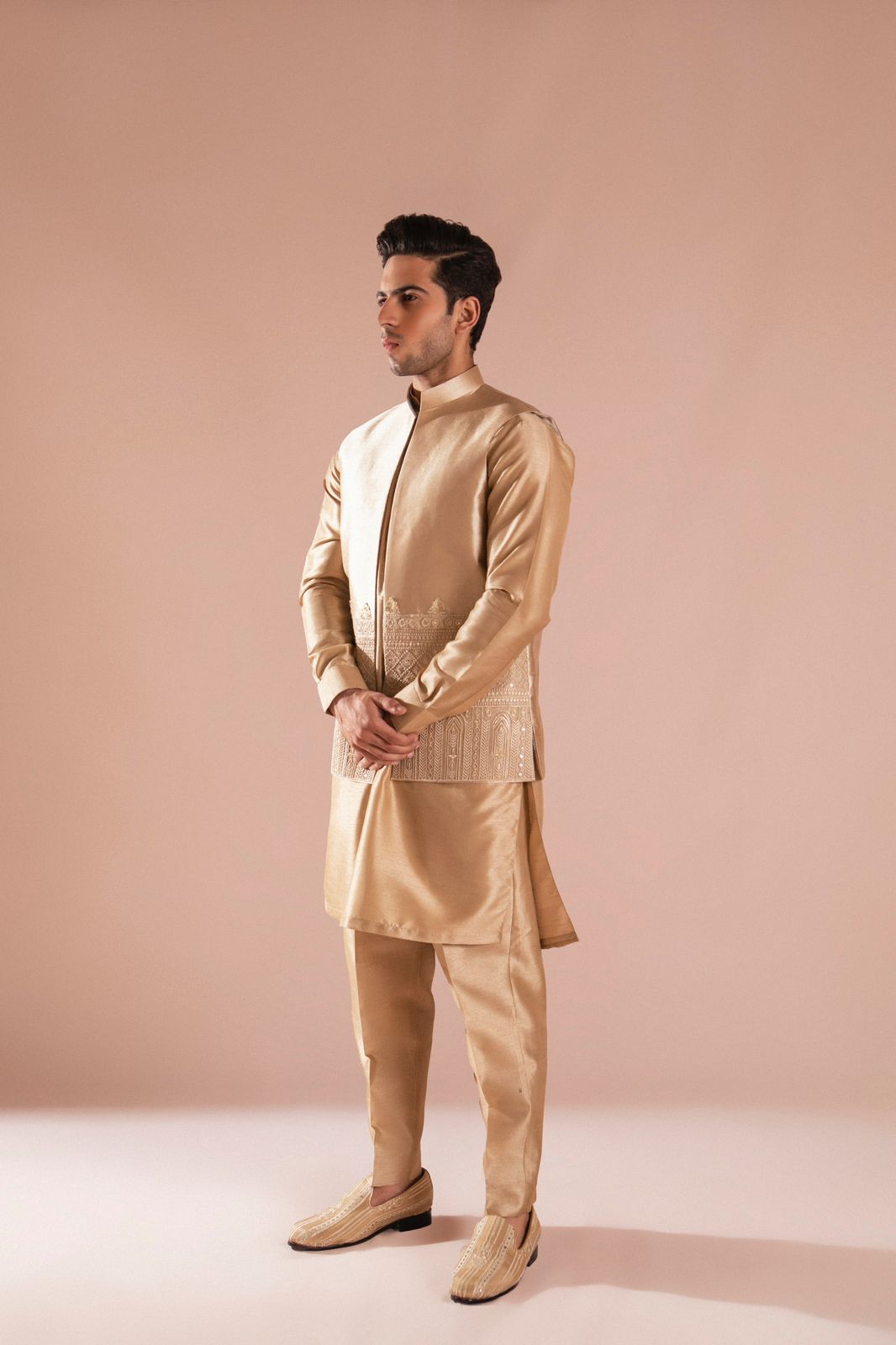 Gold Embroidered Raw Silk Waistcoat Kurta (3-Piece) - Image 5
