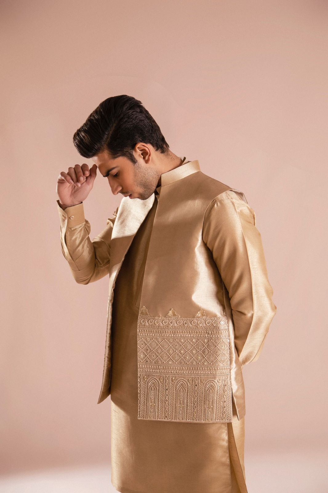 Gold Embroidered Raw Silk Waistcoat Kurta (3-Piece) - Image 6