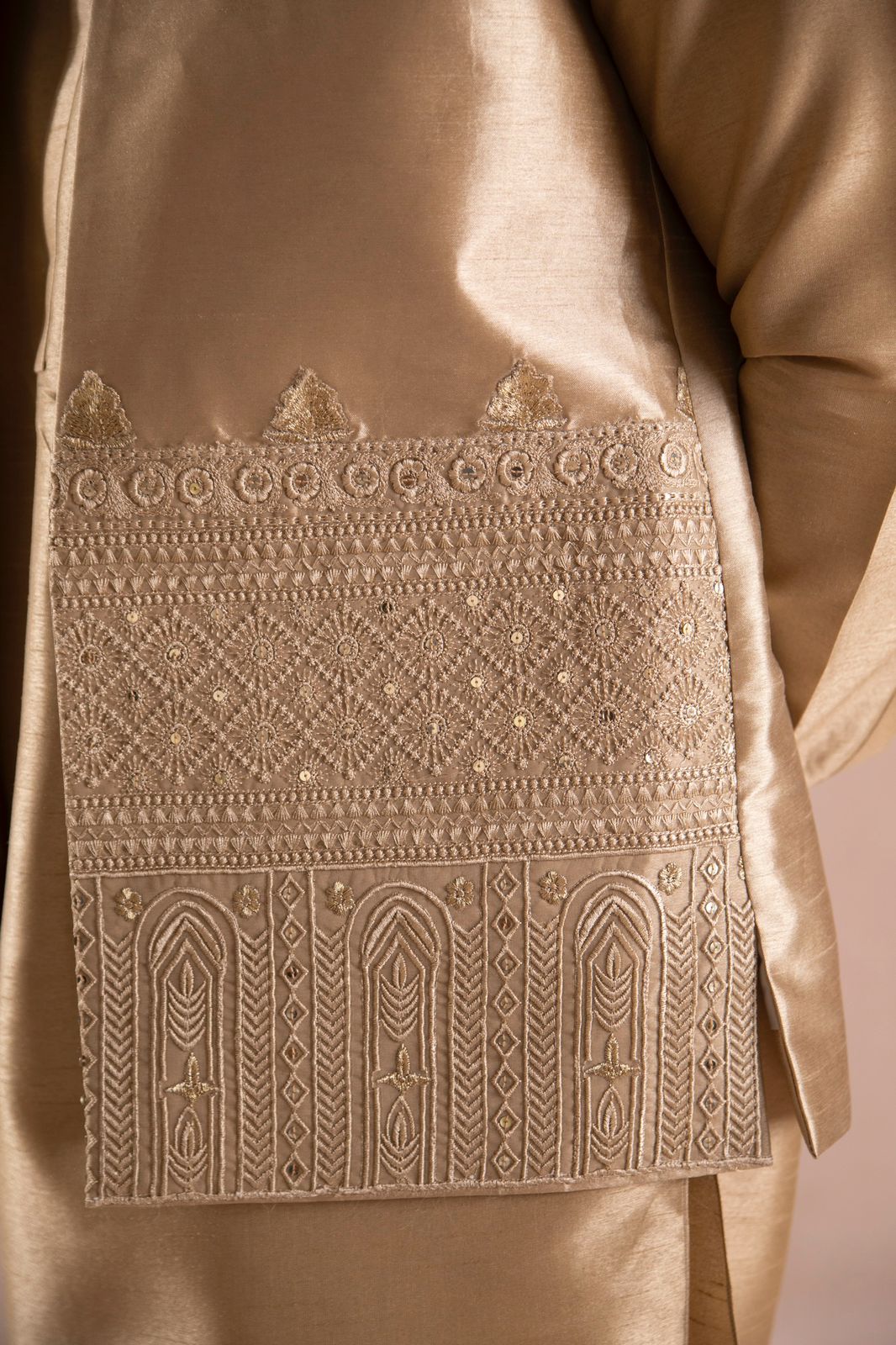Gold Embroidered Raw Silk Waistcoat Kurta (3-Piece) - Image 2