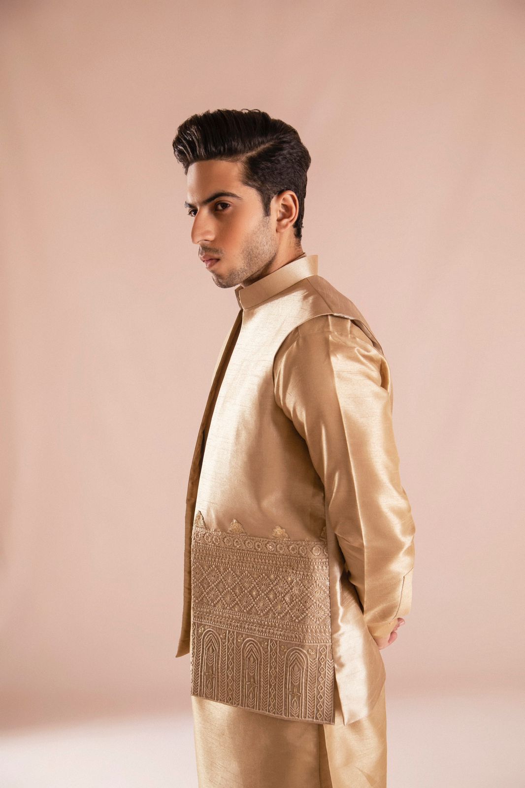 Gold Embroidered Raw Silk Waistcoat Kurta (3-Piece) - Image 3