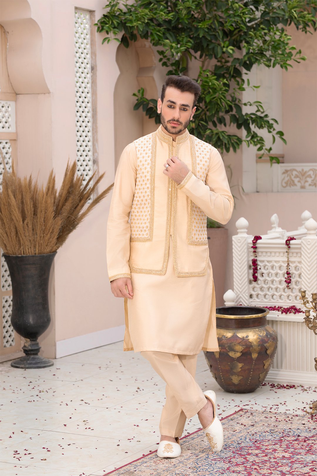 Light Gold Ada Work Silk Waistcoat Kurta (3-Piece) - Image 1