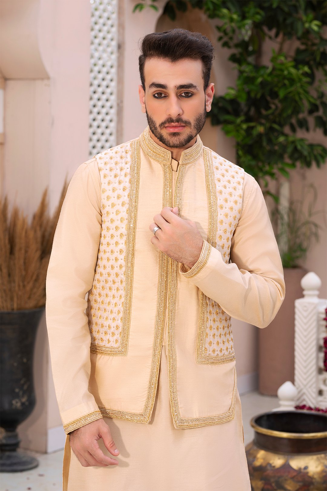 Light Gold Ada Work Silk Waistcoat Kurta (3-Piece) - Image 3