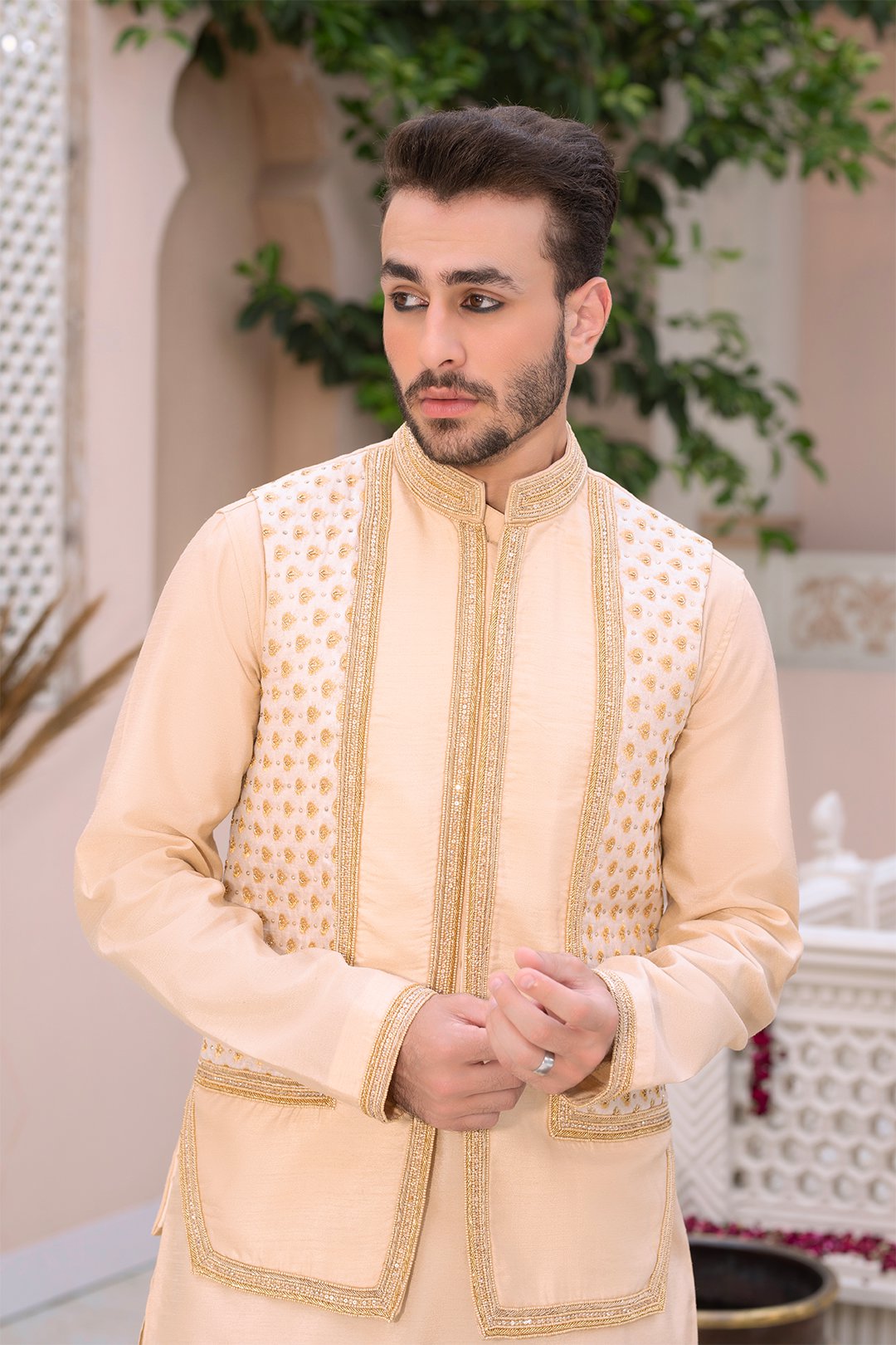 Light Gold Ada Work Silk Waistcoat Kurta (3-Piece) - Image 4